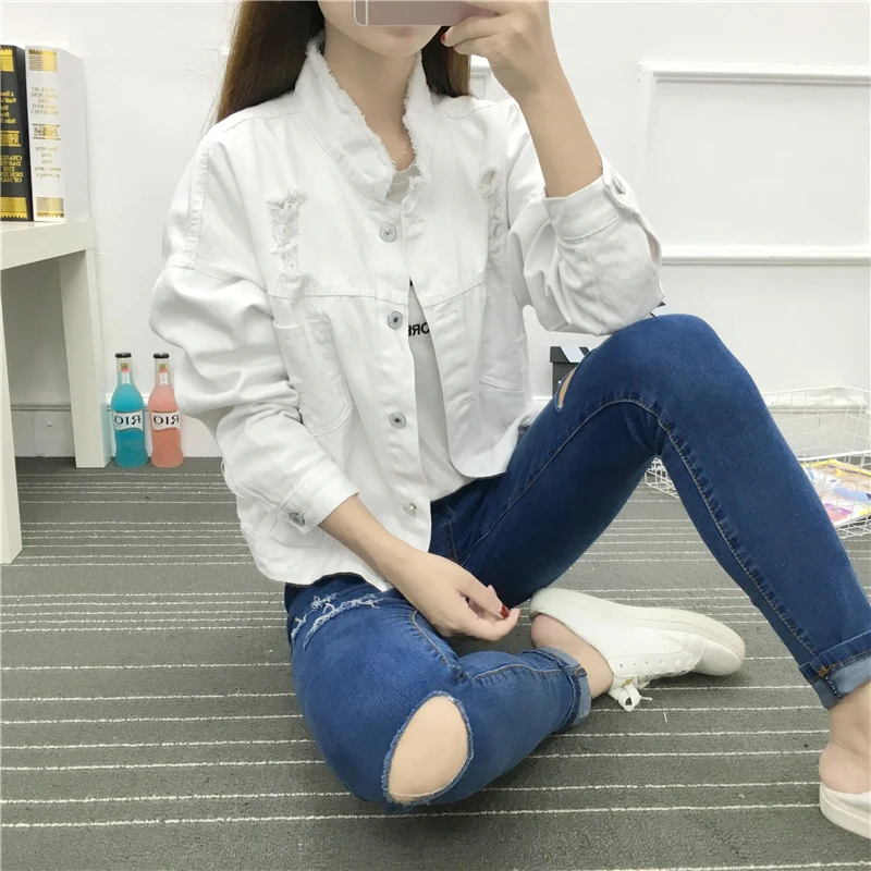 Весна-Осень 2020 джинсовая куртка повседневные однотонные топы с дырками