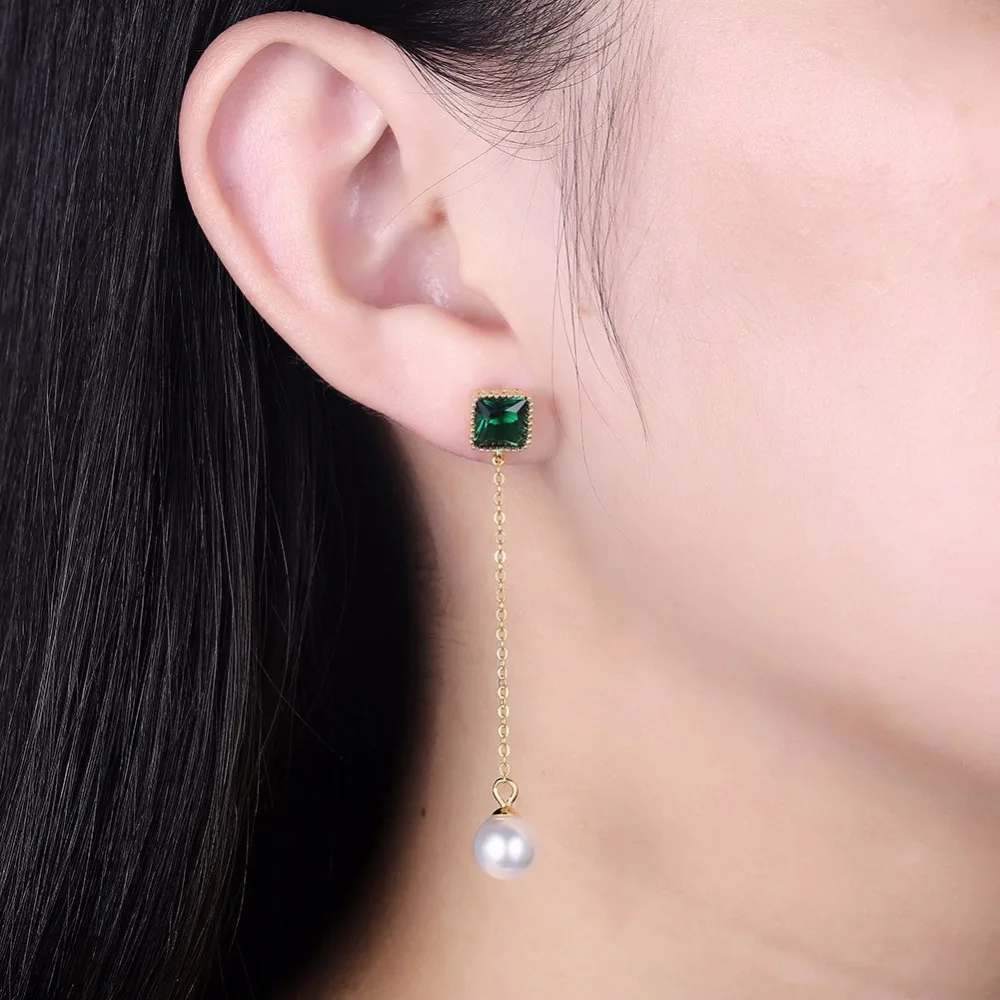 INALIS длинные Чиан S925 висячие серьги из серебра 925 пробы квадратный зеленый