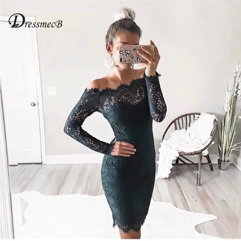 DRESSMECB Winter Lace Slash Neck Off Shoulder Mini Dress Autumn Party Vestidos Women Evening Long Sleeve Vintage Dresses|Женские платья|