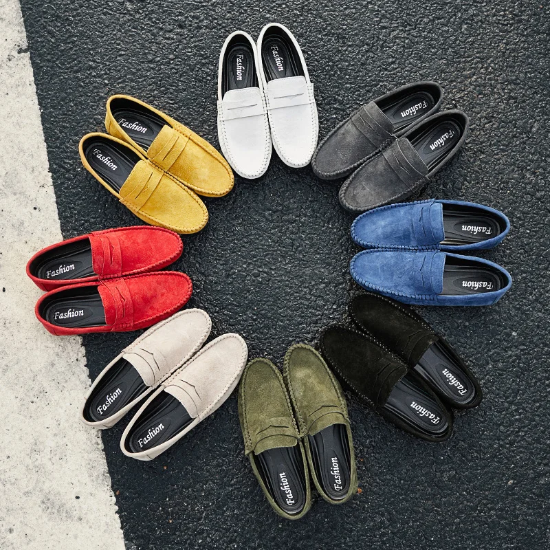 New Split Leather Loafers Sneakers Man Anti-Slip Drive Shoes for Men Slip on Flat Red Blue Yellow Men's Boat Shoe Footwear | Обувь