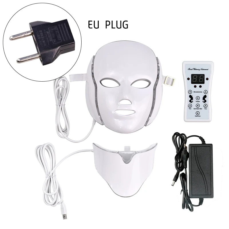 EU Plug Маска для лица светодиодный, 7 цветов, маска для лица, машина для шеи, фотонотерапия, светильник для омоложения кожи, отбеливающая, PDT, уход за кожей, красивая, светодиодный, маска - Цвет: EU Plug