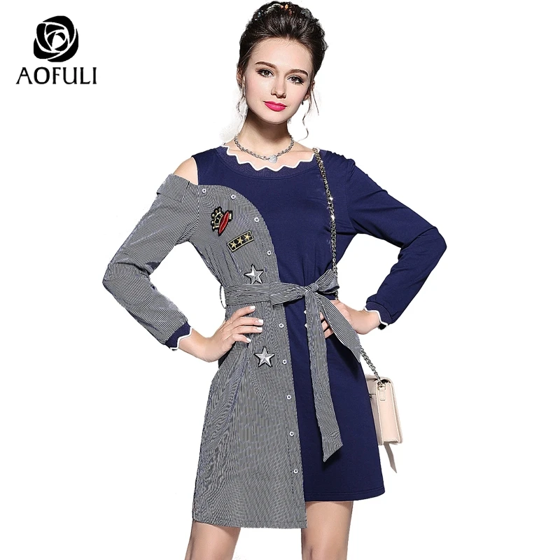 Платье в полоску ассиметричное с поясом вышивкой Осеннее ажурное длинным