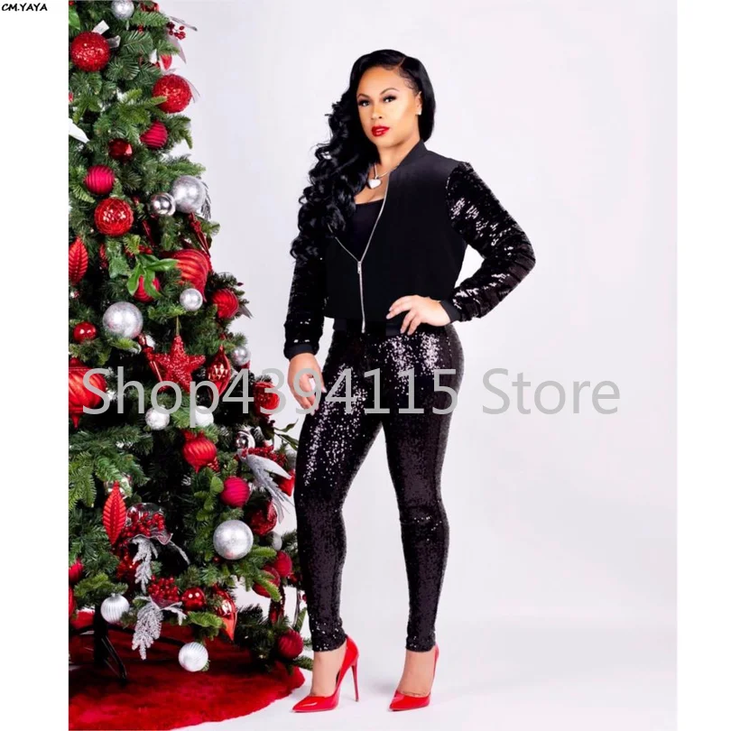 women new 2019 sequins splicing zip up top skinny pencil long pants suits two piece set party tracksuit outfit black | Женская одежда