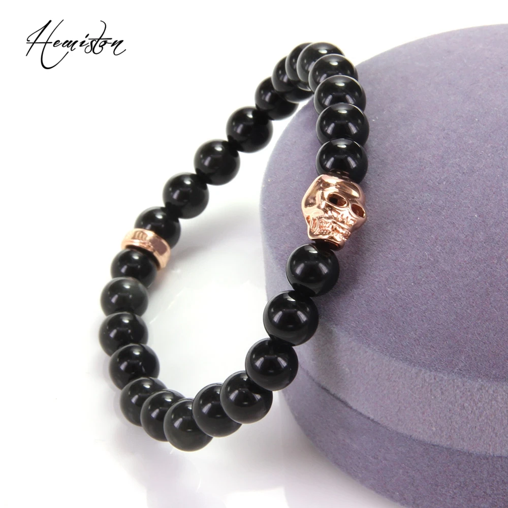 Эластичный браслет Thomas BLACK OBSIDIAN с бусинами черепа из розового золота украшения в