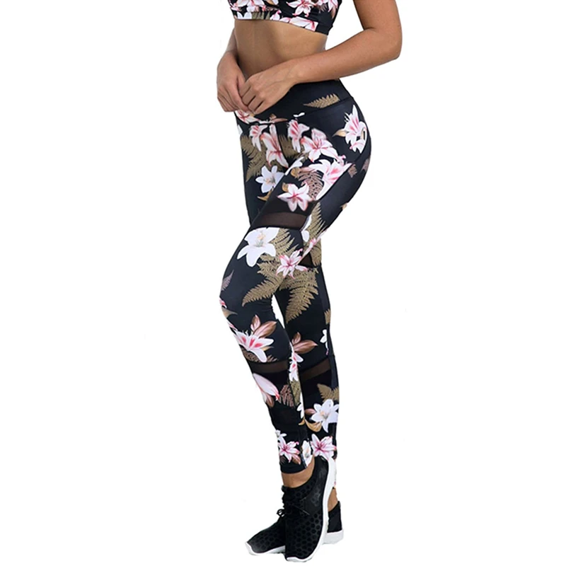Новые женские цветочные печатные наборы для йоги Лоскутные сетчатые спортивные
