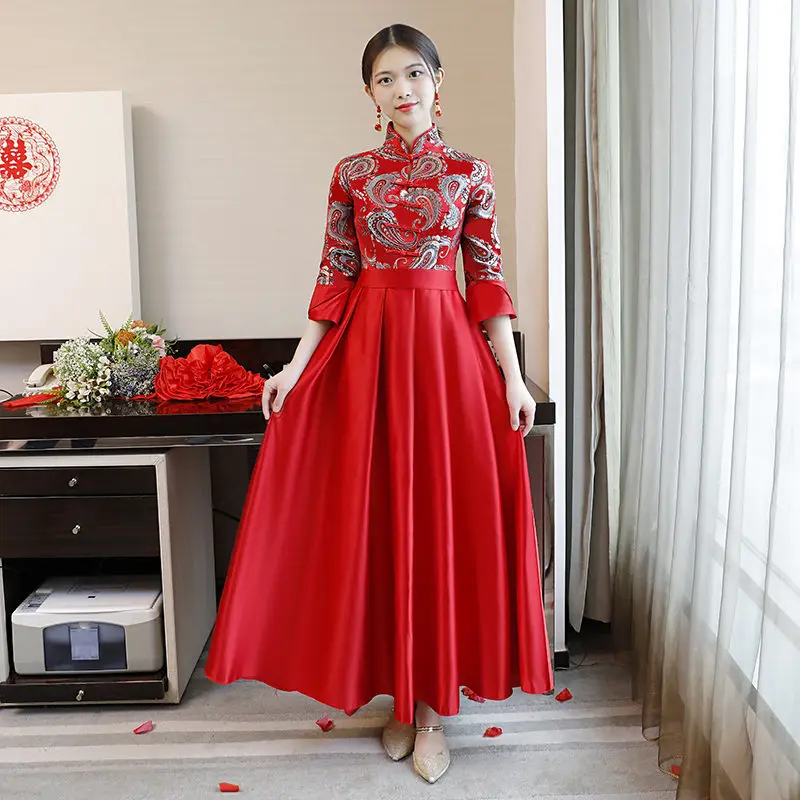 

Red Chinese Style Bridesmaid Wedding Dress Mandarin Collar Elegant Qipao NEW Style Plus Size XXXL Sexy Cheongsam Vestidos