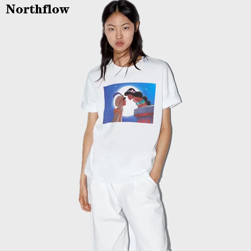 Northflow 2019 summer top women print cartoon o-neck cotton 100% regular t shirt plus size | Женская одежда