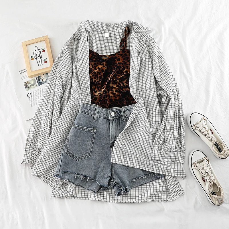 2019 new fashion women's two piece set Cotton plaid shirt sun clothing Leopard gold velvet +denim shorts three-piece female H417 | Женская