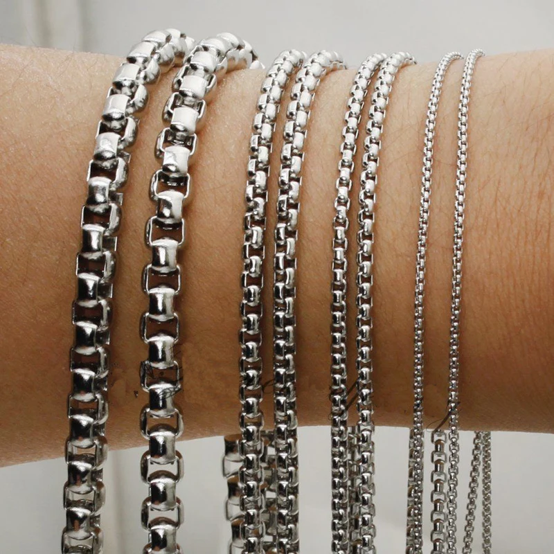 

Wholesale Price 1/2/3/5mm 5/10metes 316L Stainless Steel Silver Color Rolo Box Chain Bulk Finding For DIY Jewelry