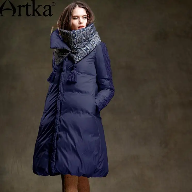 Deep Blue Женская длинная пуховая куртка ARTKA, синяя теплая стеганая парка с утиным пухом и съемным шарфом, ZK15357D, на зиму - Цвет: Deep Blue