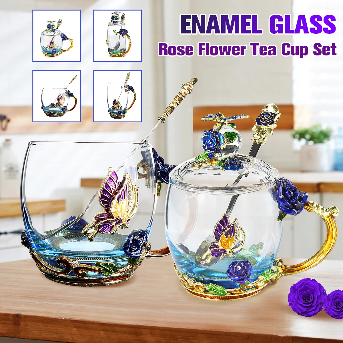 Эмалированная прозрачная стеклянная кружка для кофе и чая термостойкая с синими