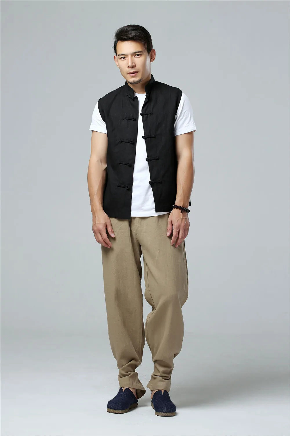 LZJN Men's Summer Waistcoat Chinese Style Vintage Breathable Linen Button Down Kung Fu Shirt Sleeveless Vest Jacket