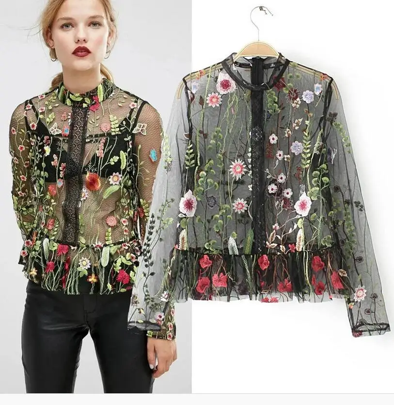 Ky &amp Q сексуальные сетчатые топы с цветочной вышивкой женские блузки 2017 женская