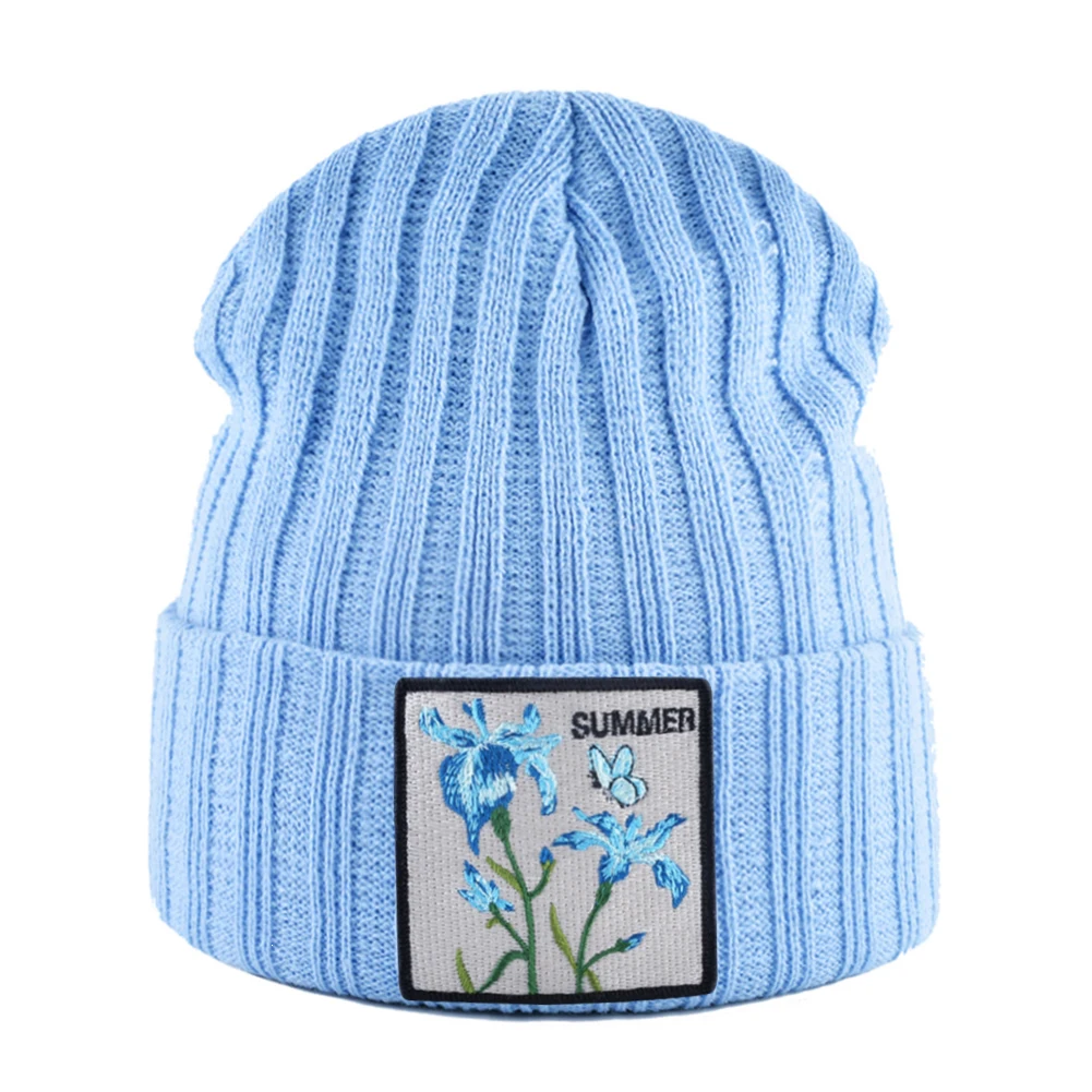 Вязаные шапки для женщин уличная одежда Skullies Beanies с цветком патч Весна Осень Вязание Gorra Мужская зимняя шапочка в стиле кэжуал Кепка