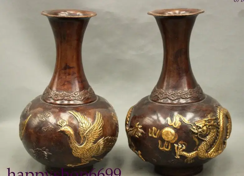 Народные Китай Бронза Свинка Благоприятный Феникс Дракона Статуя Бутылки Горшок