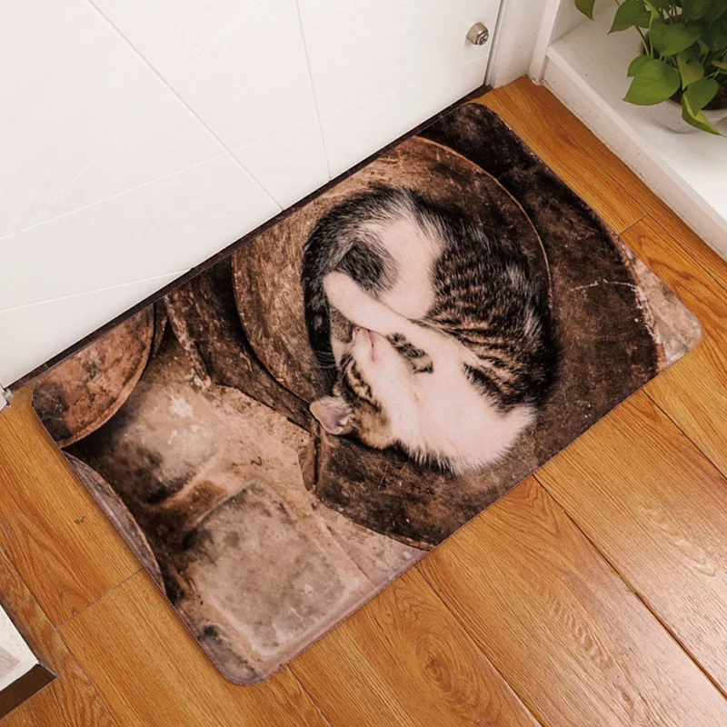 3D Vintage Entrance Mat Waterproof Cute Cat Puppy Print Floor Mats Bedroom Carpet Anti-Slip Kitchen Toilet Doormat Home Decor