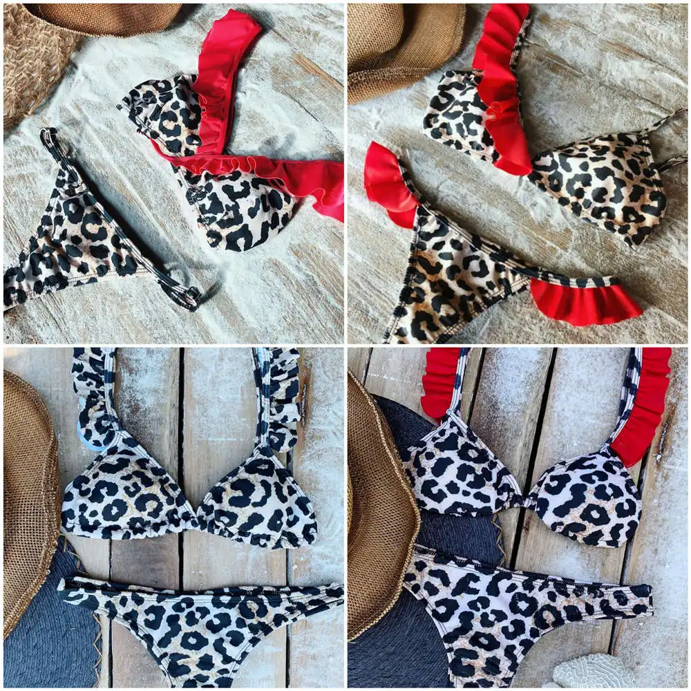 Женский красный купальник с оборками сексуальный бикини перекрестной повязкой