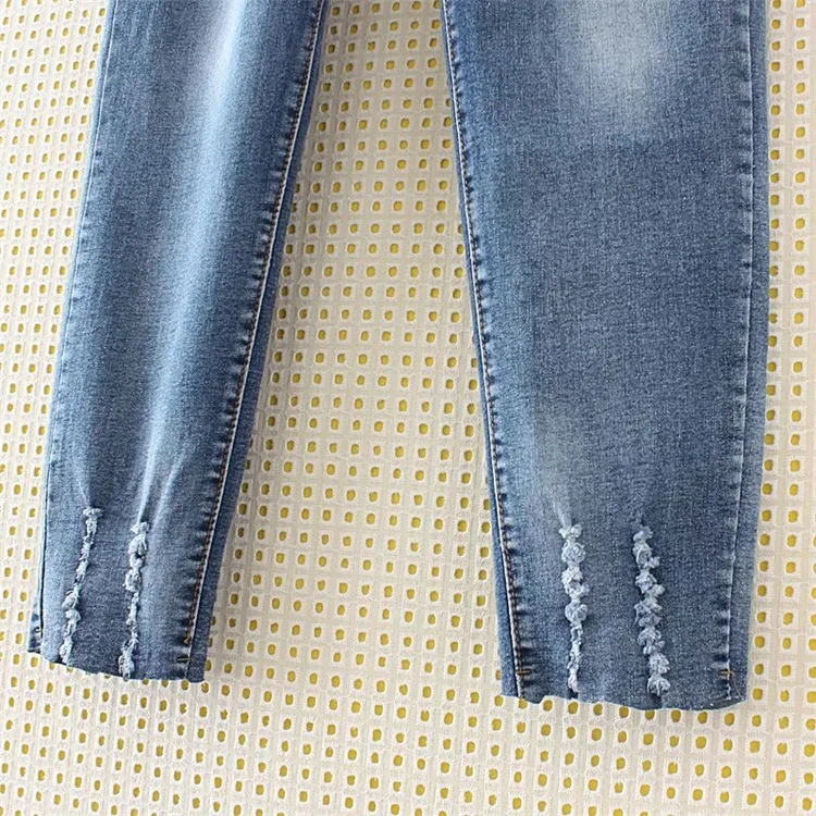 Женские узкие джинсы с бусинами синие повседневные брюки высокой талией
