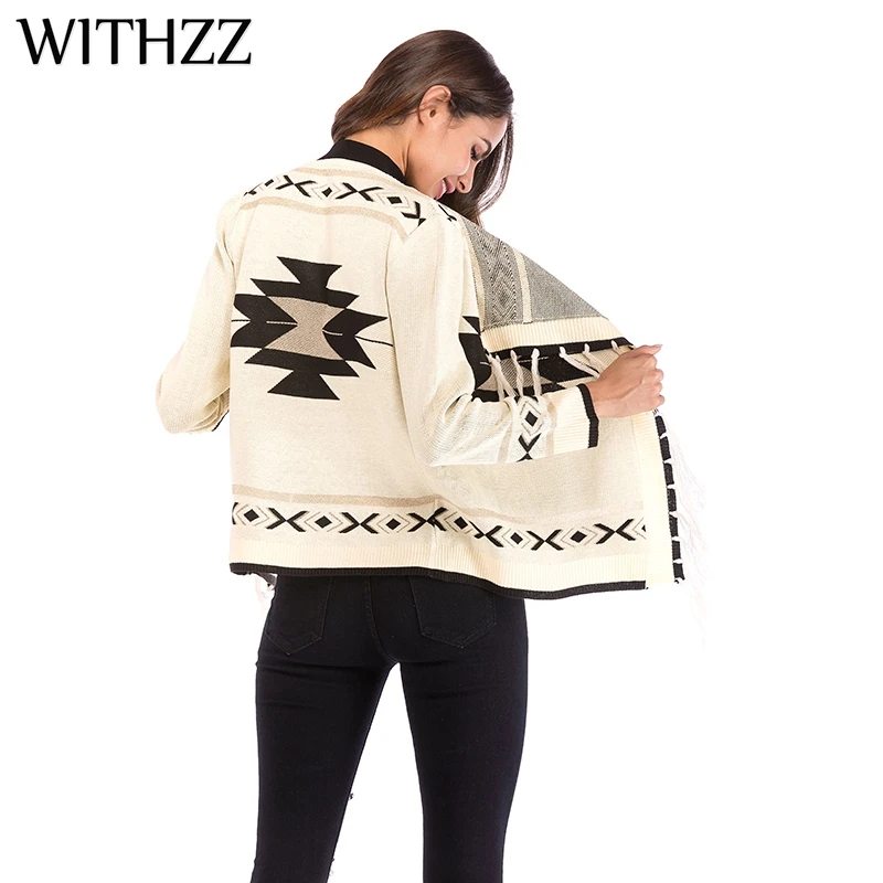 Женский трикотажный кардиган с геометрическим узором и кисточками WITHZZ осенне
