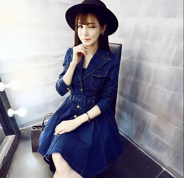 Высокое качество 2017 новое джинсовое платье Весна и осень одежда тонкое женское