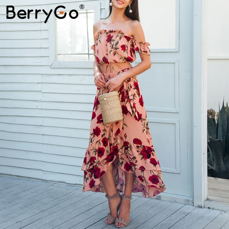 BerryGo, с открытыми плечами, с рюшами, два предмета, длинное платье, женское, повседневное, Пляжное Платье в стиле Boho-Chic, костюм, открытая спина, с запахом, летнее платье vestidos