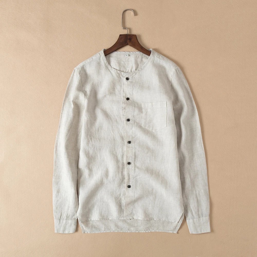 

New style long sleeve linen shirts men solid flax men shirt brand unique design Collarless-O-neck casual shirts male chemise