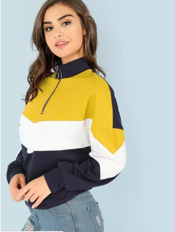Цвет: желтый Женские толстовки, разноцветные, минималистичные, с о-образным кольцом, на молнии, с вырезом-стойкой, с рукавом реглан, толстовка, осенние женские повседневные пуловеры - Цвет: Цвет: желтый