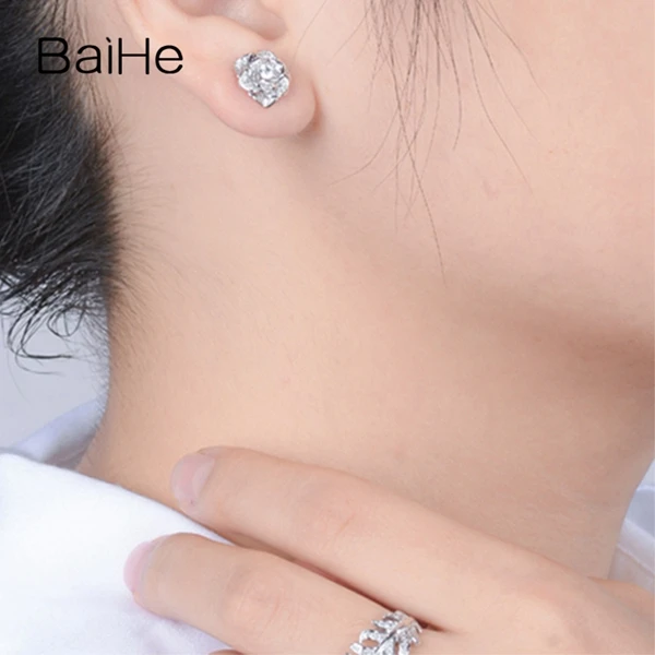BAIHE Solid 14 K белое золото 0.45ct H/SI-SI3 круглый натуральные бриллианты Свадебные модные ювелирные изделия элегантный подарок серьги-гвоздики