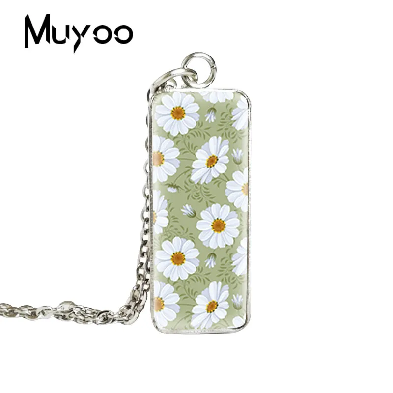 2019 New White Daisies Square Necklace Daisy Art Painting Pendant Class Dome Photo Jewelry | Украшения и аксессуары