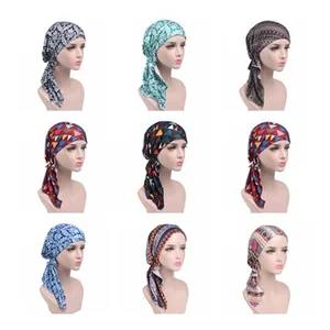 Новый женский Мягкий шарф, хлопковый тюрбан с цветочным принтом, облегающие шапки с подкладкой, предварительно привязанный головной убор, хиджаб, бандана для рака
