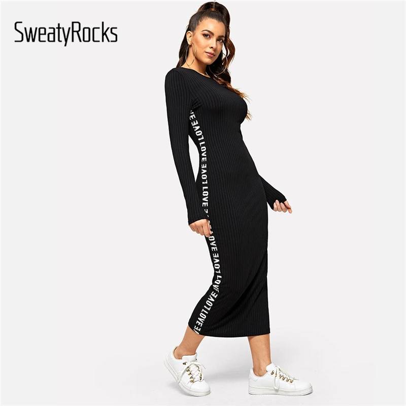 SweatyRocks контрастное платье с буквенным принтом сбоку, с длинным рукавом, уличная одежда для женщин, повседневная облегающая одежда, весна, черные платья макси