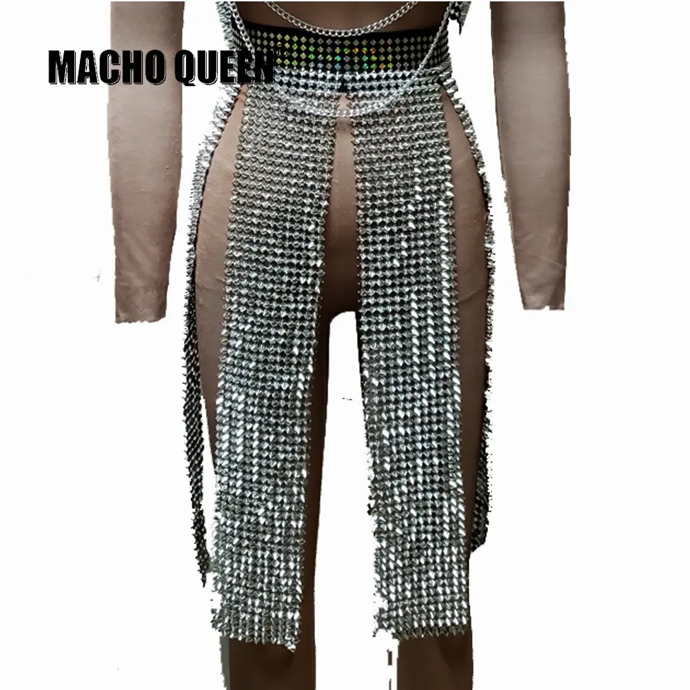 Голографический летний музыкальный фестивальный рейв Спайк outfits снаряжение одежда Drag queen костюмы певица сценический танец - Цвет: silver skirt