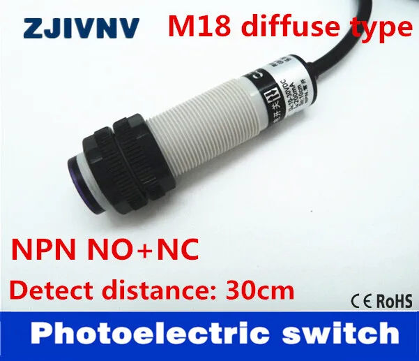 

M18 diffuse type NPN NO+NC DC 4 wires laser photoelectric sensor switch normally open and close, distance 30cm (adjustable)