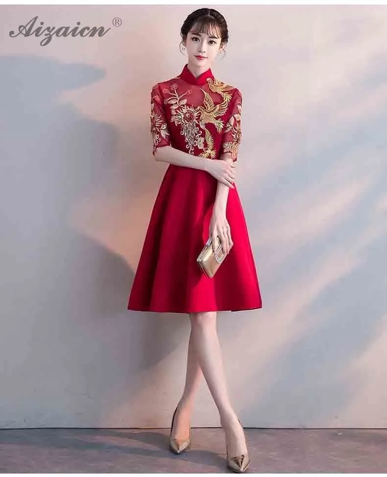 Красный невесты короткий Cheongsam Современная вышивка Qi Pao женский китайский традиционный свадебный платье Ципао Chinoise вечерние платья