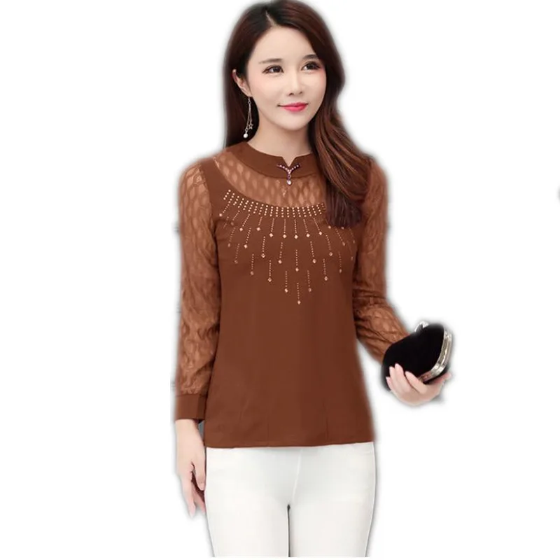 

Новые весенние женские короткие рубашки 2019, модные женские кружевные топы с бисером, Осенние повседневные тонкие Топы с длинным рукавом раз...