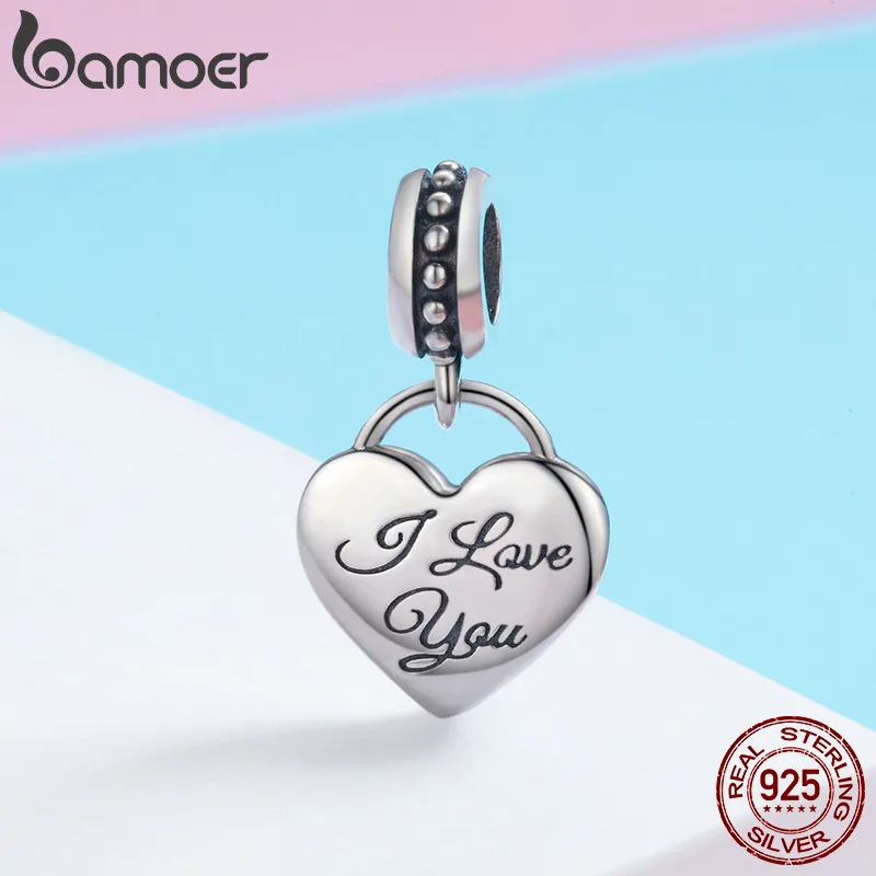 BAMOER 925 пробы Серебряный кулон с надписью I Love You, подвеска в виде сердца, очаровательный браслет, ювелирное изделие, подарок на День святого Валентина для мамы SCC539