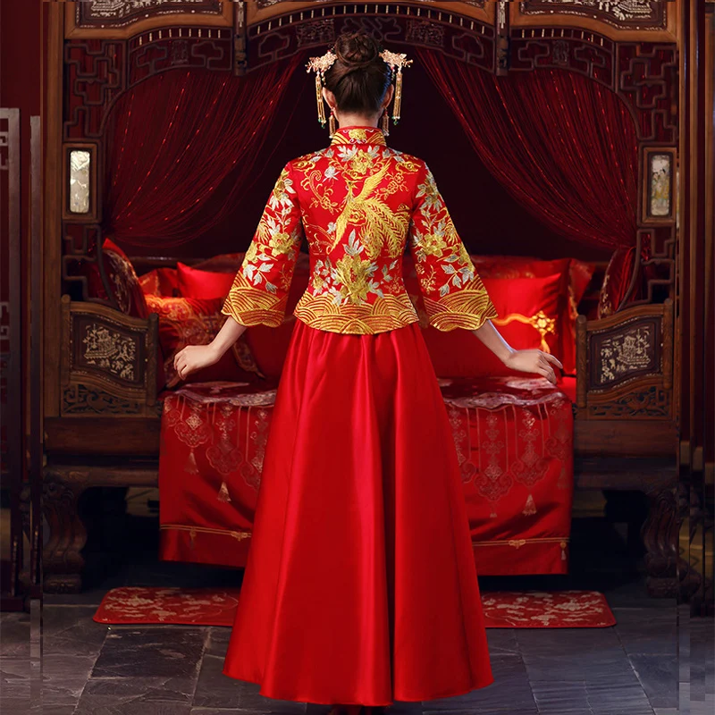 Винтажное красное свадебное платье Cheongsam с вышивкой в традиционном китайском