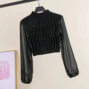 Women Fashion Long Sleeve Blouse Top Female Pullover Shirts Women Knit Stitching Blouse 1