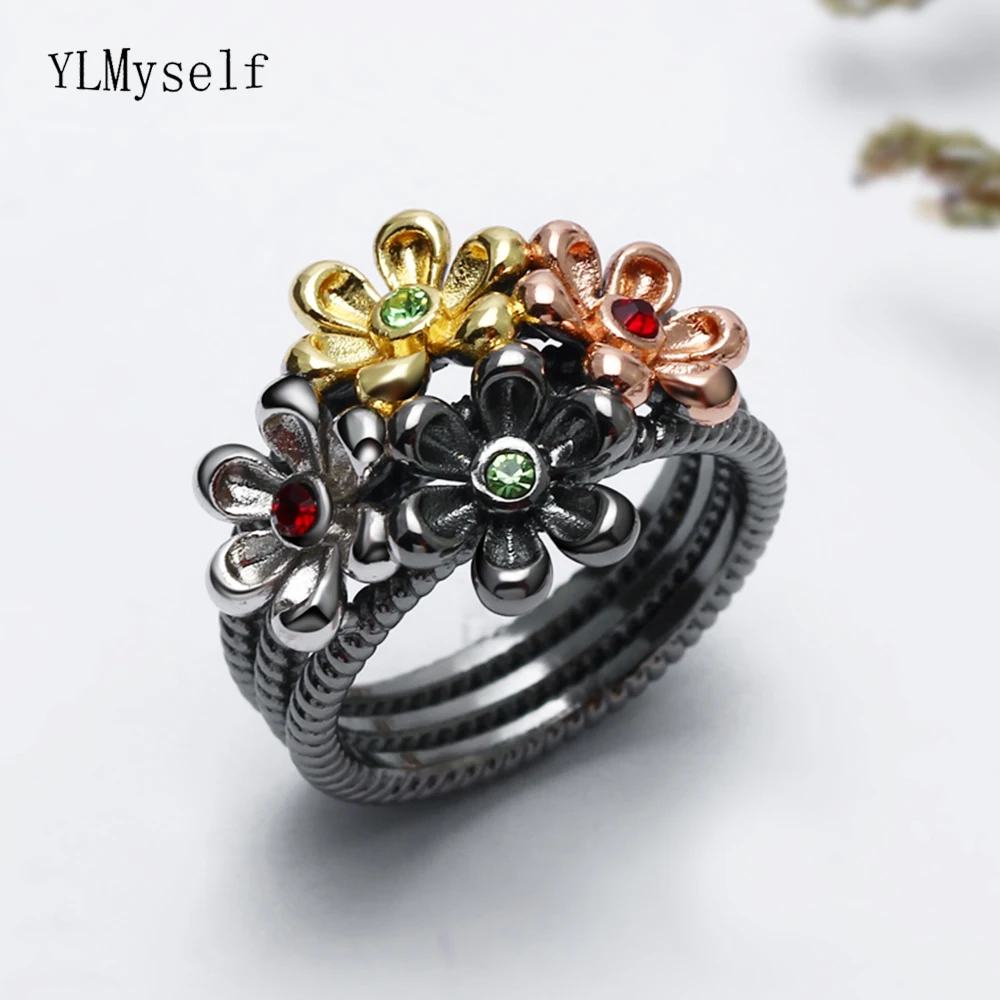 

New flower rings multi color Black trendy jewelry cute jewellery high quality 4 tones female fashion ring