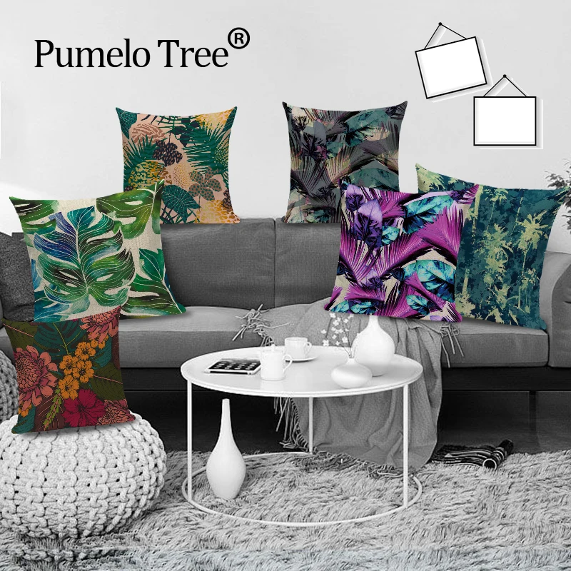 Чехлы на подушки с тропическим растением декоративные листьями и цветами чехол