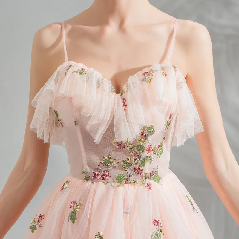 

AXJFU pink lace flower evening dress luxury bride princess Spaghetti Strap beading flower ruffles evening dress 6208