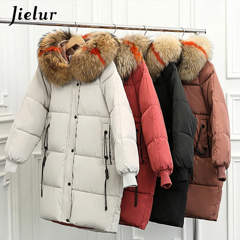 Jielur Мех животных с капюшоном S-XXL Дамы Корейский длинное зимнее пальто для женщин