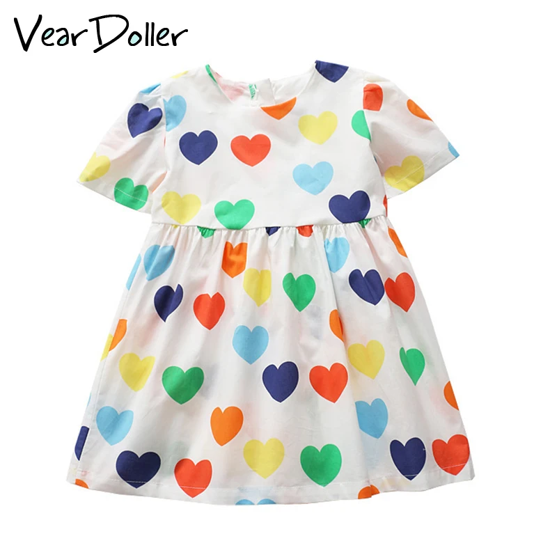 

VearDoller Kids Dresses for Girls Summer Shoet Sleeve Cute Colorful Heart Print Children's Dress Baby Girl Clothes Casual Dress
