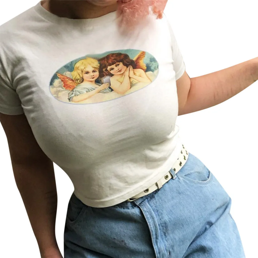 Повседневная футболка с коротким рукавом водолазка Короткие топы принтом