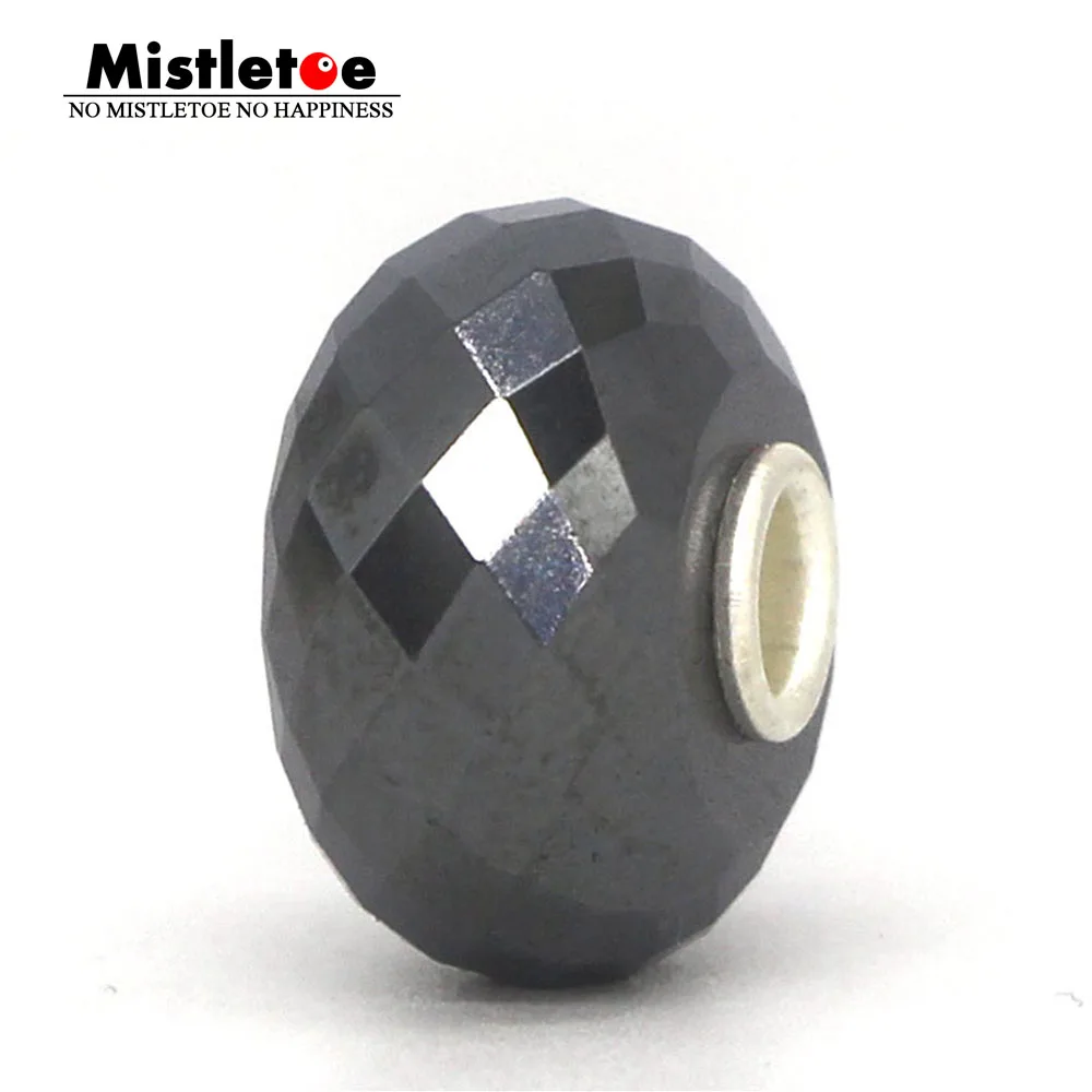 Mistletoe 925 Sterling Silver 3.6mm Core Faceted Natural Steel Hematite Stone Charm Bead Fit European 3.0mm Bracelet Jewelry