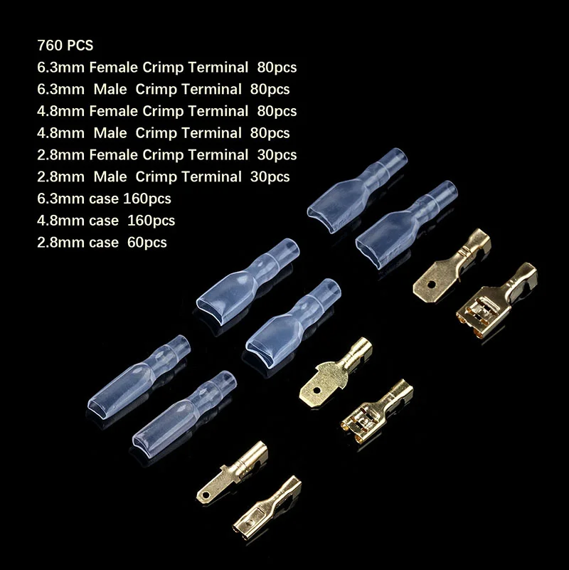 760PCS/190 pair 2.8/4.8/6.3mm Crimp Terminals Female&ampMale Spade Wire Connectors Set with Insulating Sleeves 0.5mm2-1.5mm2 |