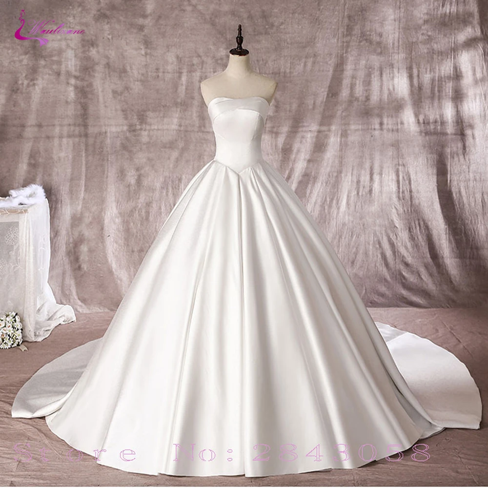 

Waulizane Simple Style Lustrous Satin A-Line Vestido De Noiva Wedding Dresses Off The Shoulder Lace Up Elegant Strapless Bridal