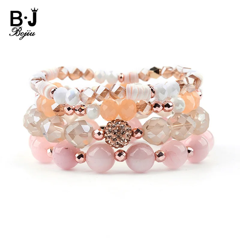 

BOJIU 4 Pcs/Set Trendy Multilayer Crystal Charm Bracelets Women Pink Quartz White Brown Crystal Hematite Shell Bracelet BCSET219