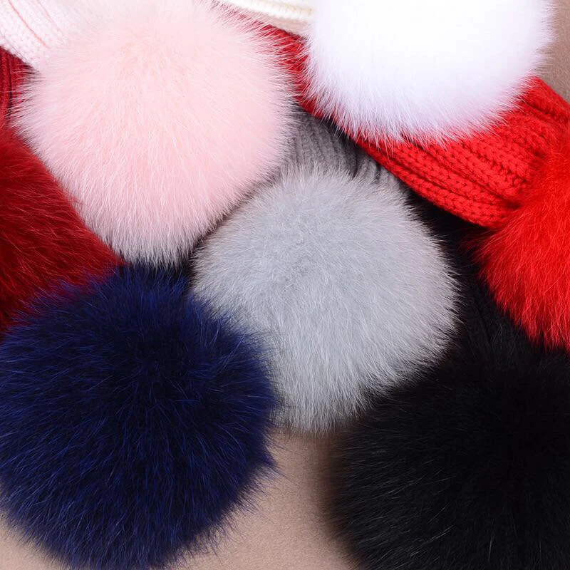 Женская зимняя шапка с помпонами из натурального Лисьего меха теплая шерсти для