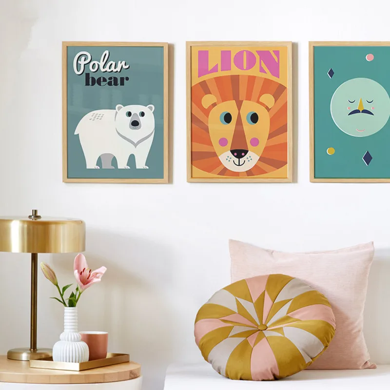 Современный кавайный Северный животный медведь Лев Кот настенный арт